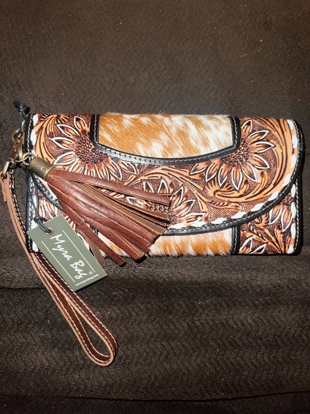 Myra Bag Brown Tooled Leather & Cowhide Floral Wristlet Clutch